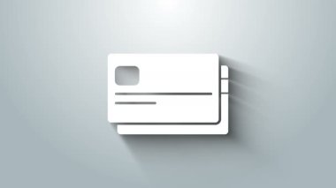 Gri arkaplanda beyaz kredi kartı simgesi izole edildi. Çevrimiçi ödeme. Nakit çekilmesi. Finansal operasyonlar. Alışveriş tabelası. 4K Video hareketli grafik canlandırması