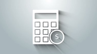Gri arkaplanda dolar sembolü olan beyaz hesap makinesi. Para tasarrufu konsepti. Muhasebe sembolü. 4K Video hareketli grafik canlandırması