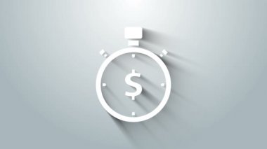 Beyaz Zaman, gri arka planda izole edilmiş para simgesidir. Para zamandır. Etkili zaman yönetimi. Zamanı paraya çevir. Kronometre işareti. 4K Video hareketli grafik canlandırması