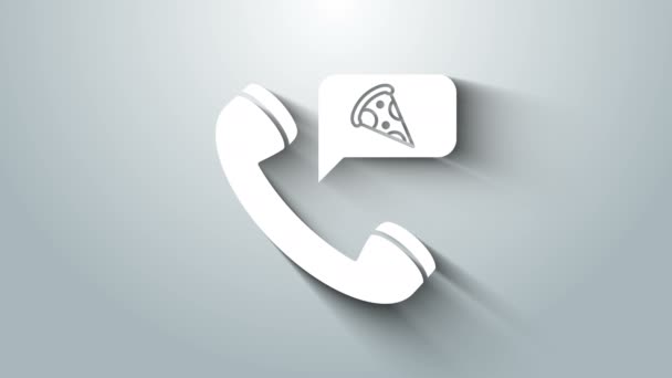 White Food pide un icono de pizza aislado sobre fondo gris. Pedido por teléfono móvil. Restaurante concepto de entrega de comida. Animación gráfica de vídeo 4K — Vídeos de Stock