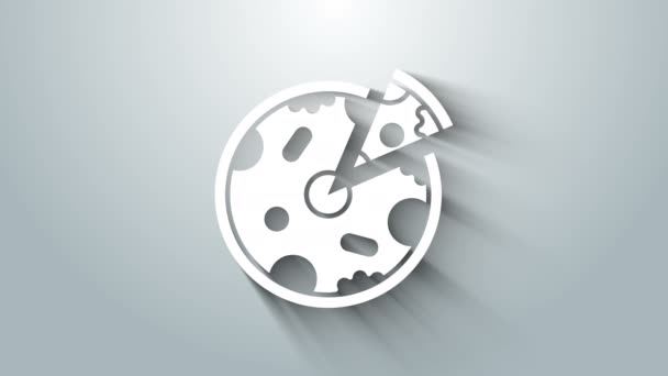 Biała ikona pizzy na szarym tle. Szybkie menu. 4K Animacja graficzna ruchu wideo — Wideo stockowe