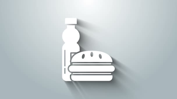 White Bottle of water and burger icon isolated on grey background. Soda aqua drink sign. Hamburger, cheeseburger sandwich. Fast food menu. 4K Video motion graphic animation — Stockvideo