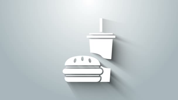 White Paper glass with drinking straw and burger icon isolated on grey background. Soda aqua drink sign. Hamburger, cheeseburger sandwich. 4K Video motion graphic animation — Stockvideo