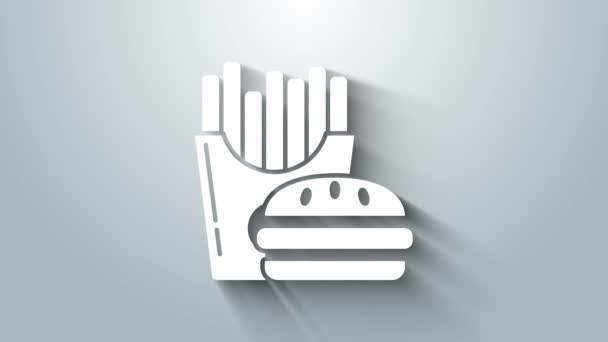 White Burger and french fries in carton package box icon isolated on grey background. Hamburger, cheeseburger sandwich. Fast food menu. 4K Video motion graphic animation — Wideo stockowe