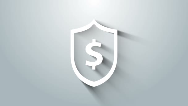 Gri arkaplanda dolar sembolü olan Beyaz Kalkan. Güvenlik kalkanı koruması. Para güvenliği konsepti. 4K Video hareketli grafik canlandırması — Stok video