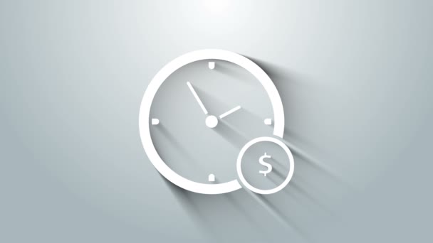 Fehér idő a pénz ikon elszigetelt szürke háttér. A pénz az idő. Hatékony időgazdálkodás. Térítsd át az időt pénzre. 4K Videó mozgás grafikus animáció — Stock videók
