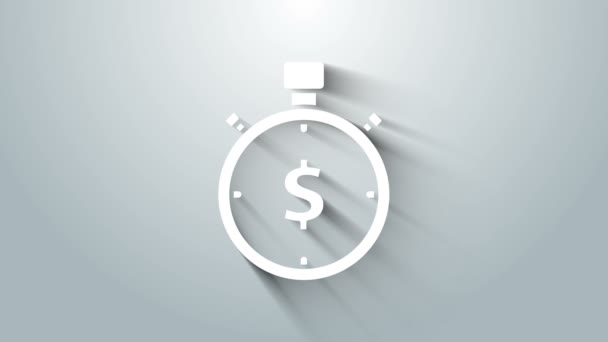 Fehér idő a pénz ikon elszigetelt szürke háttér. A pénz az idő. Hatékony időgazdálkodás. Térítsd át az időt pénzre. Stopwatch tábla. 4K Videó mozgás grafikus animáció — Stock videók