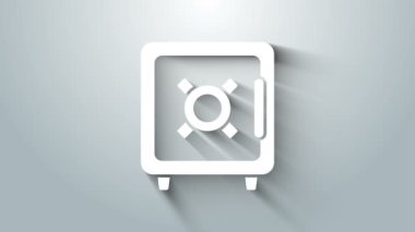 Gri arkaplanda beyaz kasa simgesi izole edildi. Kapı, şifreli bir banka kasası. Güvenilir Veri Koruma. 4K Video hareketli grafik canlandırması