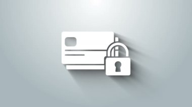 White Credit card with lock icon isolated on grey background. Locked bank card. Security, safety, protection concept. Concept of a safe payment. 4K Video motion graphic animation