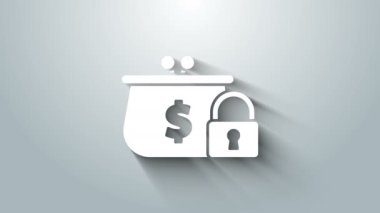 White Closed wallet with lock icon isolated on grey background. Locked wallet. Security, safety, protection concept. Concept of a safe payment. 4K Video motion graphic animation