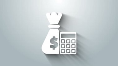 Gri arka planda para çantası simgesi olan beyaz hesap makinesi izole edildi. Muhasebe tabelası. Finans sembolünü hesapla. 4K Video hareketli grafik canlandırması