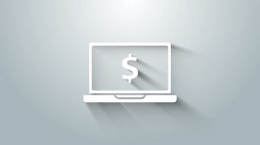 Gri arkaplanda dolar sembolü olan beyaz dizüstü bilgisayar. İnternetten alışveriş konsepti. İnternetten kazanç, pazarlama. 4K Video hareketli grafik canlandırması