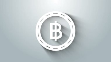 White Cryptocurrency coin Bitcoin icon isolated on grey background. Blockchain technology, bitcoin, digital money market, cryptocoin wallet. 4K Video motion graphic animation