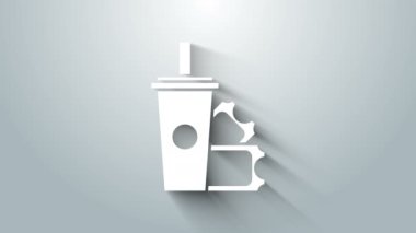 Beyaz Amerikan futbolu bileti ve gri arka planda saman ikonu içilen cam soda. 4K Video hareketli grafik canlandırması