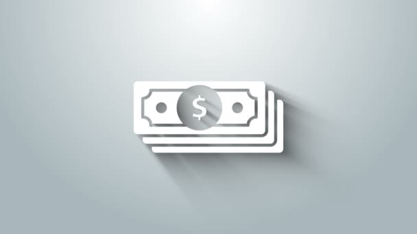 White Stacks paper money cash icon isolated on grey background. Money banknotes stacks. Bill currency. 4K Video motion graphic animation — Stock Video