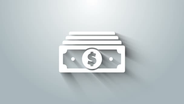 Белые стопки бумажных денег иконка наличными изолированы на сером фоне. Пачки денежных купюр. Валюта счета. Видеографическая анимация 4K — стоковое видео