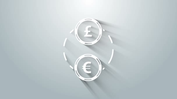 Beyaz Para Takas simgesi gri arkaplanda izole edildi. Euro ve Sterling nakit transferi sembolü. Bankacılık işareti. 4K Video hareketli grafik canlandırması — Stok video