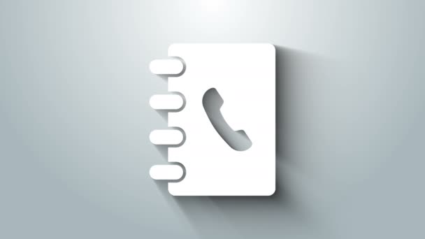 White Address book icon izolat pe fundal gri. Notebook, adresa, contact, director, telefon, pictograma carte de telefon. 4K Animație grafică în mișcare video — Videoclip de stoc