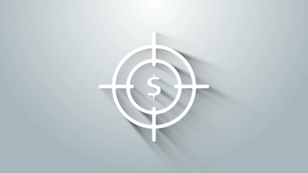 Blanco objetivo con símbolo de dólar icono aislado sobre fondo gris. Icono de inversión objetivo. Concepto de negocio exitoso. Signo de dinero o efectivo. Animación gráfica de vídeo 4K — Vídeo de stock