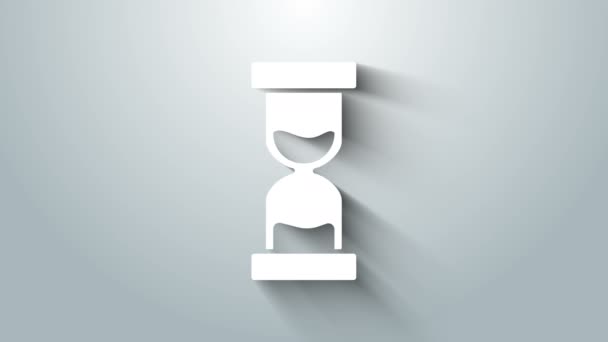 Biała stara klepsydra z płynącą ikoną piasku odizolowana na szarym tle. Piaskowy znak zegara. Koncepcja zarządzania czasem i biznesem. 4K Animacja graficzna ruchu wideo — Wideo stockowe