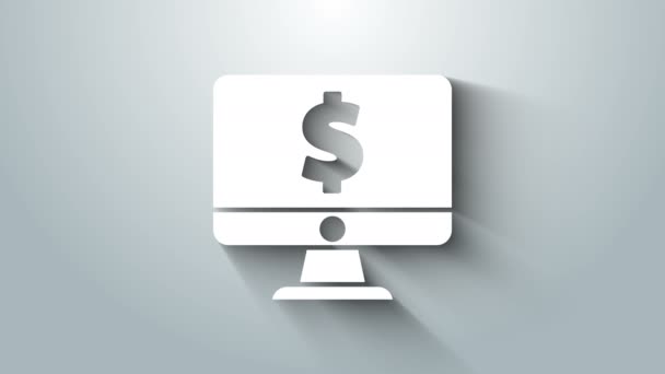 White Computer monitor with dollar symbol icon isolated on grey background. Online shopping concept. Earnings in the Internet, marketing. 4K Video motion graphic animation — Stock Video