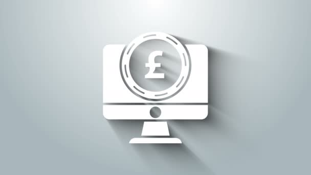 White Computer monitor with pound sterling symbol icon isolated on grey background. Online shopping concept. Earnings in the Internet. 4K Video motion graphic animation — Stock Video