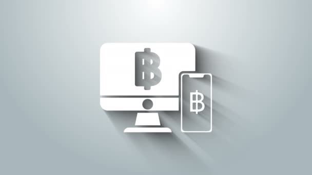 Bílý monitor počítače s mobilním telefonem a ikonou bitcoinu izolované na šedém pozadí. Online nákupní koncept. Výdělky na internetu. Grafická animace pohybu videa 4K — Stock video