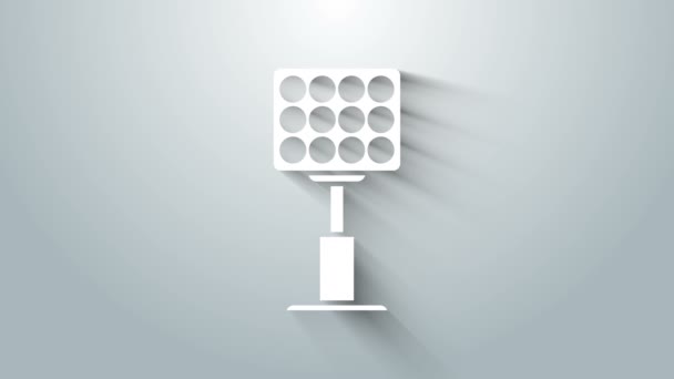 White Bright stadium lights icon isolated on grey background. Spotlight on a football field. Floodlight, light projector. 4K Video motion graphic animation — Stockvideo