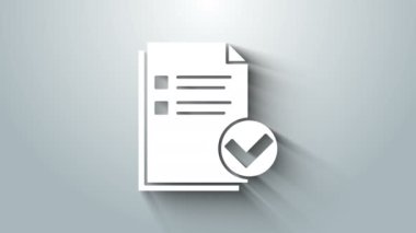 Gri arkaplanda beyaz belge ve işaretleme simgesi izole edildi. Kontrol listesi simgesi. İş konsepti. 4K Video hareketli grafik canlandırması