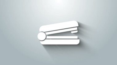 White Office stapler icon isolated on grey background. Stapler, staple, paper, cardboard, office equipment. 4K Video motion graphic animation