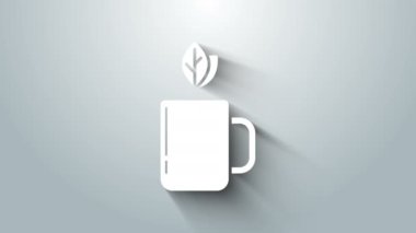 Gri arkaplanda beyaz çay ve yaprak ikonu var. 4K Video hareketli grafik canlandırması