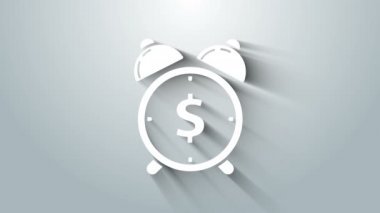 Gri arkaplanda dolar sembolü olan beyaz alarm saati. Vakit nakittir. Etkili zaman yönetimi. İş konsepti. 4K Video hareketli grafik canlandırması