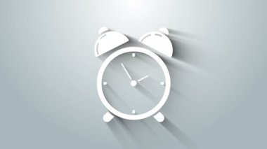 Beyaz Alarm saat simgesi gri arkaplanda izole edildi. Uyan, kalk konsepti. Zaman işareti. 4K Video hareketli grafik canlandırması