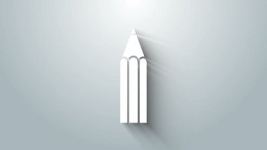 Gri arkaplanda beyaz kalem simgesi izole edildi. Eğitim işareti. Çizim ve eğitim araçları. Okul sembolü. 4K Video hareketli grafik canlandırması