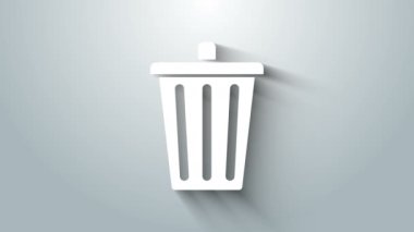 Beyaz Çöp Kutusu simgesi gri arkaplanda izole edildi. Çöp kutusu tabelası. Sepet simgesini geri dönüştür. Ofis çöpü ikonu. 4K Video hareketli grafik canlandırması