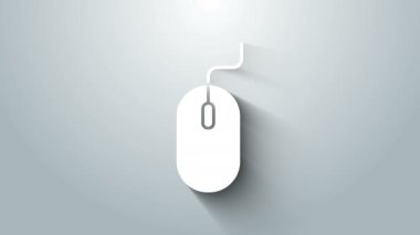 Beyaz Bilgisayar faresi simgesi gri arkaplanda izole edildi. Tekerlek sembollü optik. 4K Video hareketli grafik canlandırması