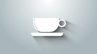 Beyaz kahve fincanı resmi gri arkaplanda izole edilmiş. Çay fincanı. Sıcak içecek kahvesi. 4K Video hareketli grafik canlandırması