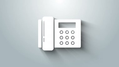 Gri arkaplanda beyaz telefon simgesi izole edildi. Sabit telefon. 4K Video hareketli grafik canlandırması