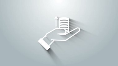 Gri arka planda beyaz para ikonu izole edildi. Avuç içi kadar para ve ok var. Nakit maaş artışı. Yükselen fiyatlar. 4K Video hareketli grafik canlandırması