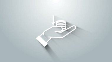 Gri arka planda beyaz para ikonu izole edildi. Avucunun içi parayla dolu. Nakit maaş düşüşü. 4K Video hareketli grafik canlandırması