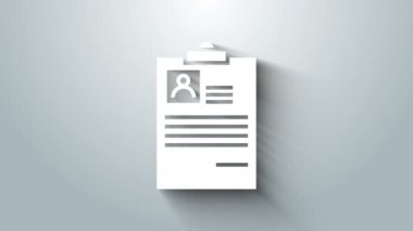 White Clipboard with resume icon isolated on grey background. CV application. Curriculum vitae, job application form with profile photo. 4K Video motion graphic animation