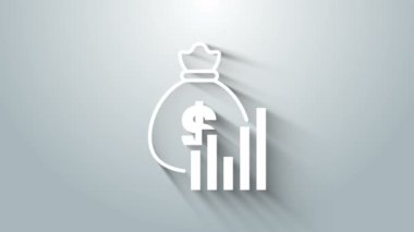White Money bag and diagram graph icon isolated on grey background. Financial analytics, budget planning, finance managemen. 4K Video motion graphic animation