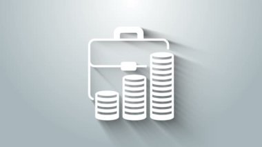 Gri arka planda beyaz evrak çantası ve madeni para simgesi izole edildi. İş ilanı. İş portföyü. 4K Video hareketli grafik canlandırması