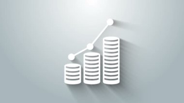 Gri arkaplanda beyaz pasta grafiği ve madeni para simgesi izole edildi. Diyagram çizelgesi. 4K Video hareketli grafik canlandırması