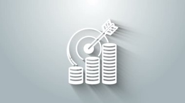 Gri arkaplanda izole edilmiş para sembolü olan beyaz hedef. Yatırım hedef simgesi. Başarılı iş konsepti. Nakit ya da Para işareti. 4K Video hareketli grafik canlandırması