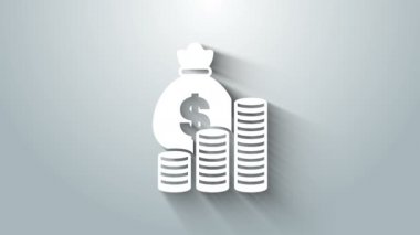 Gri arka planda beyaz para çantası ve madeni para simgesi var. Dolar ya da USD sembolü. Nakit bankacılık tabelası. 4K Video hareketli grafik canlandırması