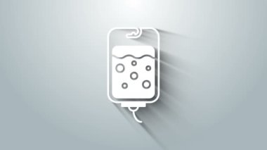 White IV bag icon isolated on grey background. Blood bag icon. Donate blood concept. The concept of treatment and therapy, chemotherapy. 4K Video motion graphic animation