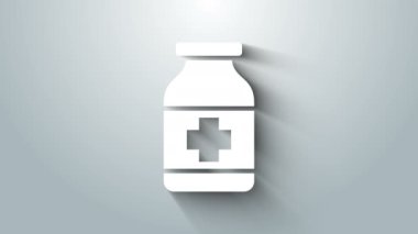 Beyaz İlaç şişesi simgesi gri arka planda izole edilmiş. Şişe hapı işareti. Eczane tasarımı. 4K Video hareketli grafik canlandırması