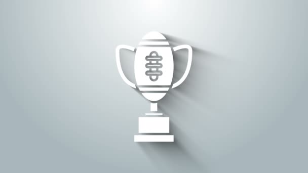 White Award cup and American football ball icon isolated on grey background. Winner trophy symbol. Championship or competition trophy. 4K Video motion graphic animation — Stock Video