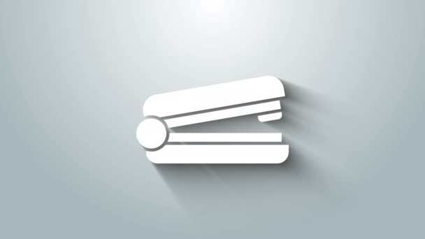 White Office stapler icon isolated on grey background. Stapler, staple, paper, cardboard, office equipment. 4K Video motion graphic animation — Vídeo de Stock